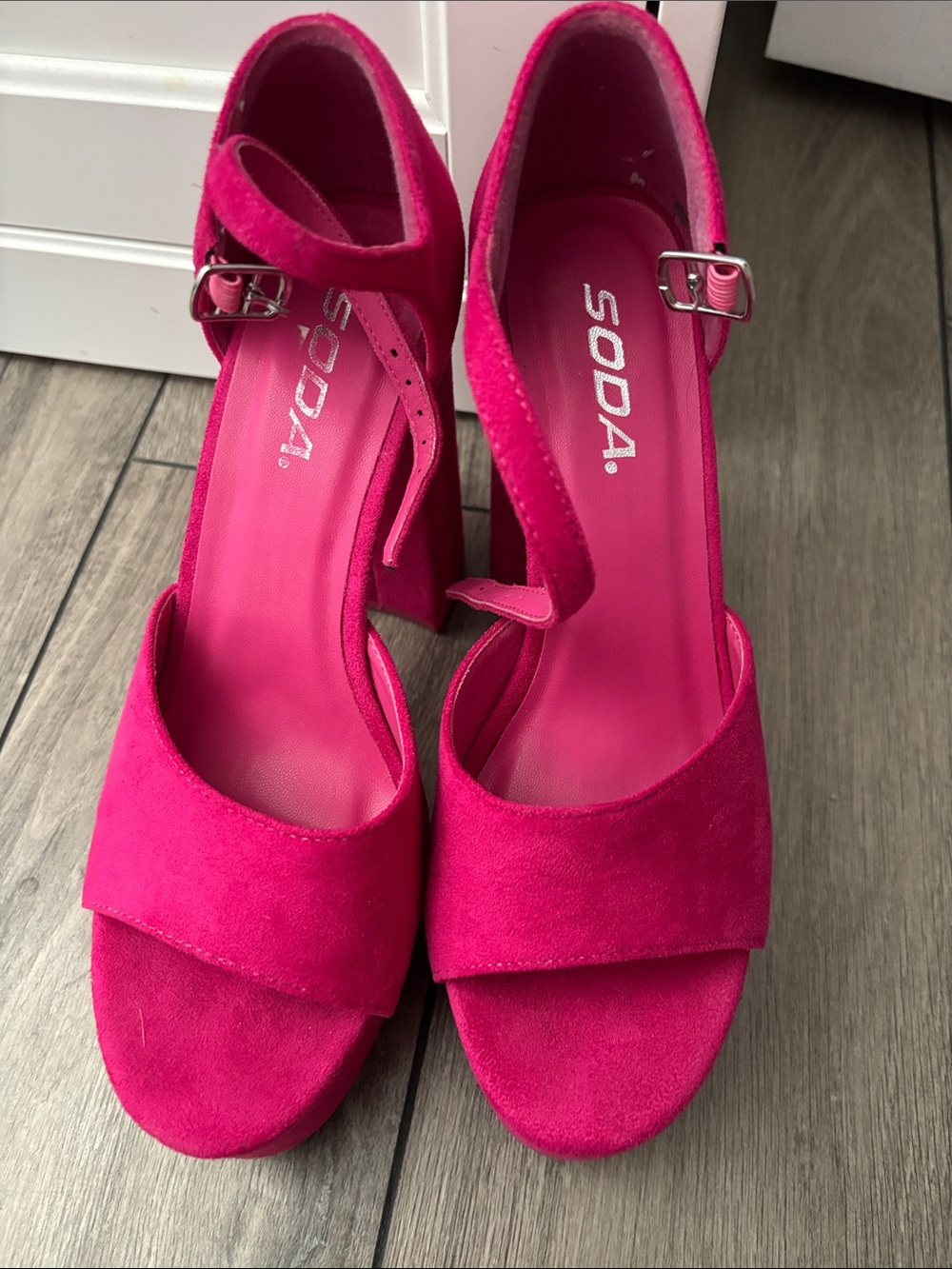 Hot Pink Suede Block-Heel Mary Jane Sandals